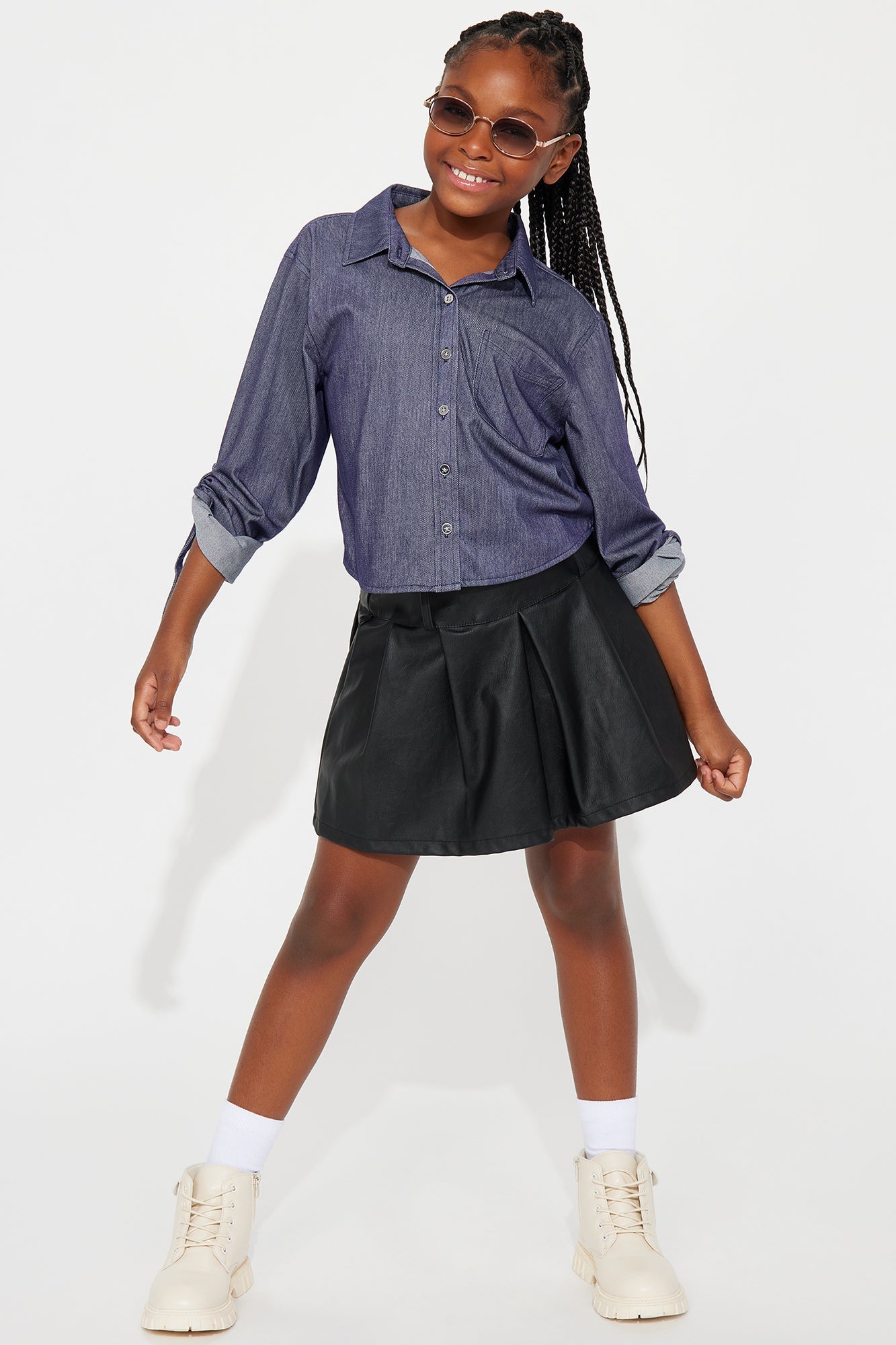 Mini Carolina Cropped Button Down Shirt - Navy