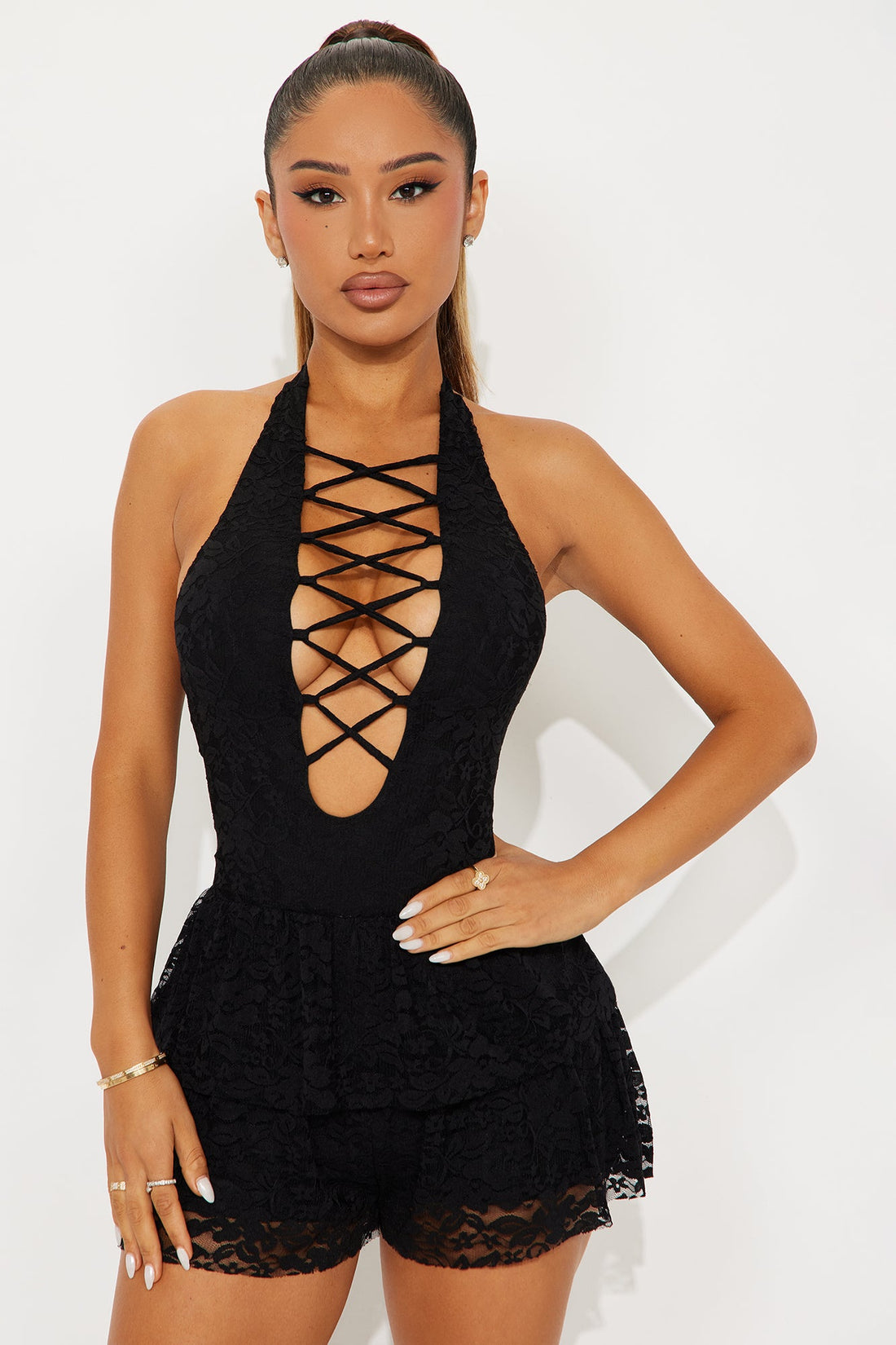 Valentina Halter Lace Romper - Black