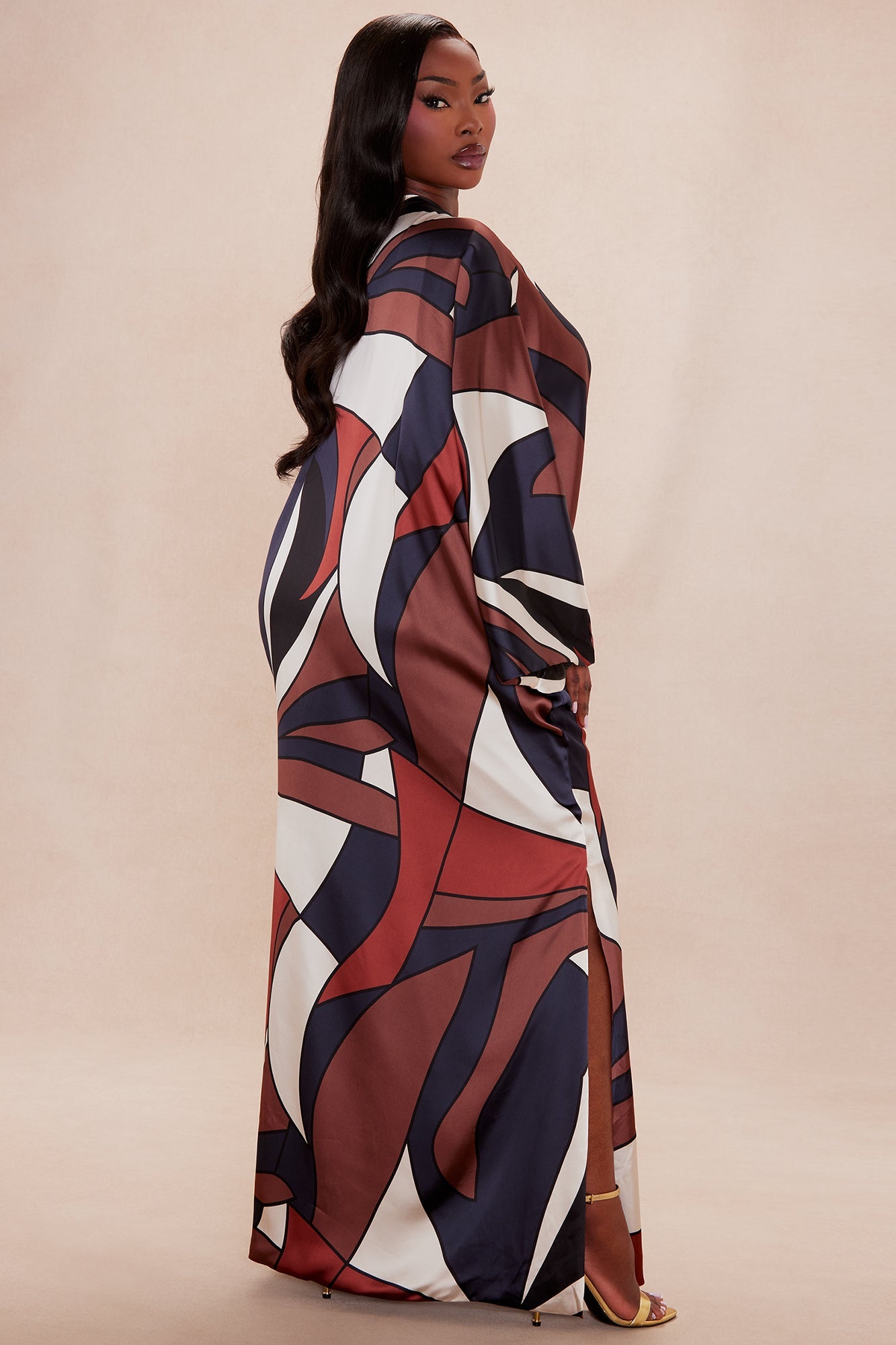 Penelope Satin Flowy Dress - Brown/combo