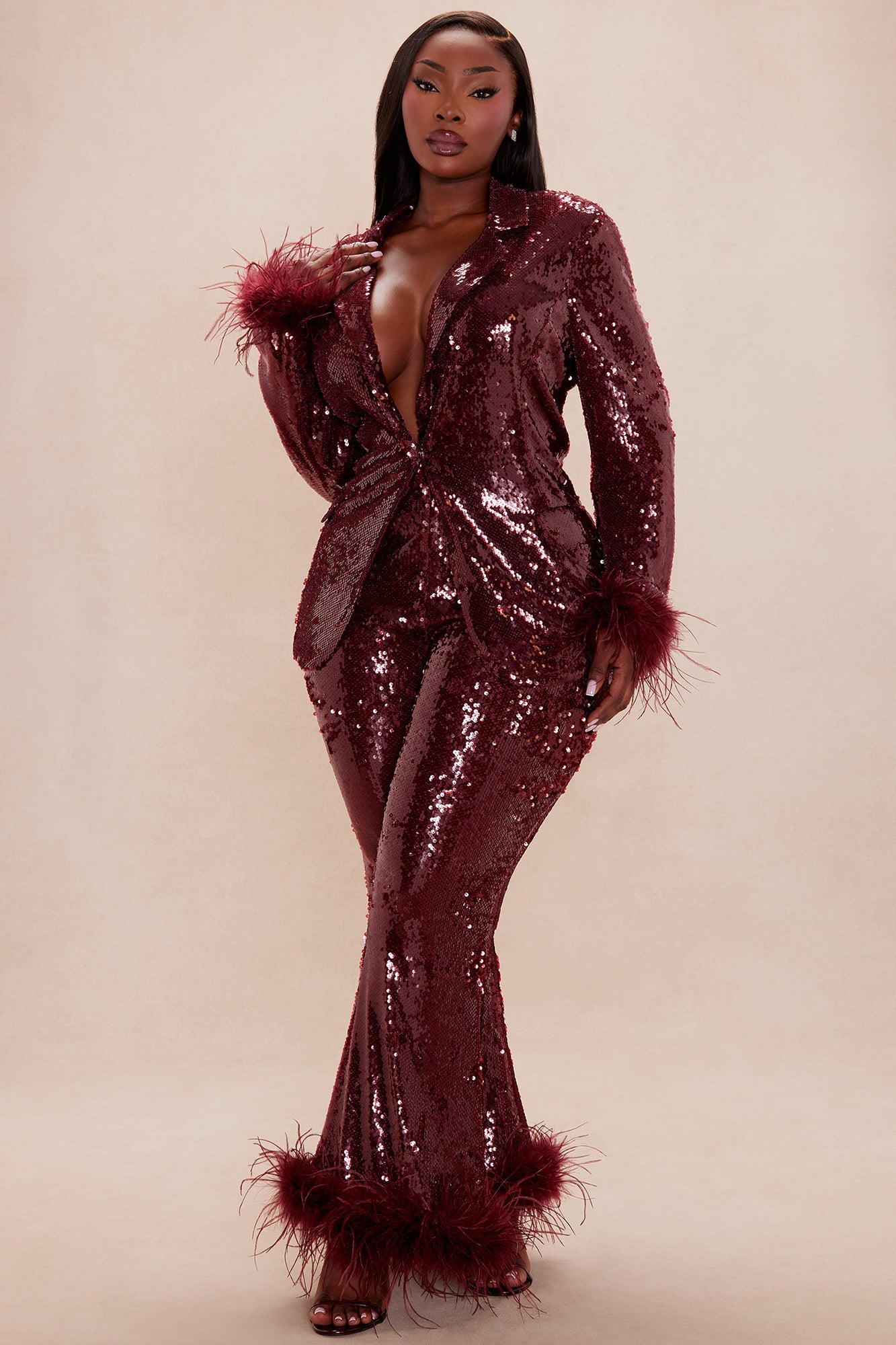 Sienna Feathered Sequin Blazer - Burgundy