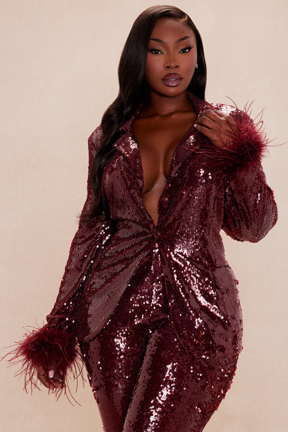 Sienna Feathered Sequin Blazer - Burgundy