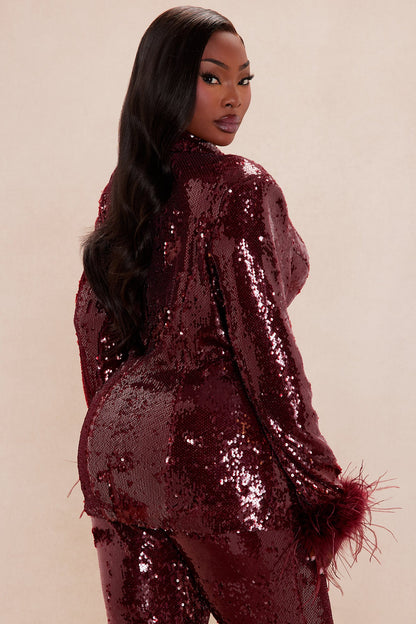 Sienna Feathered Sequin Blazer - Burgundy