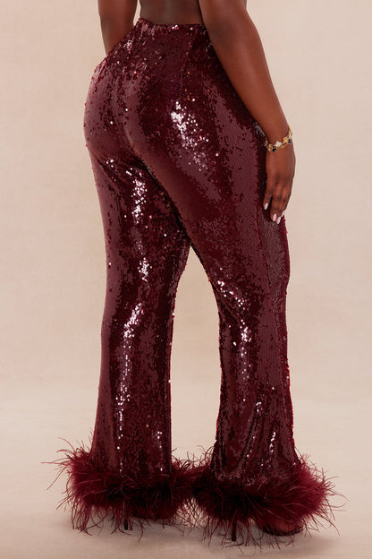 Gaia Feathered Sequin Pant - Burgundy