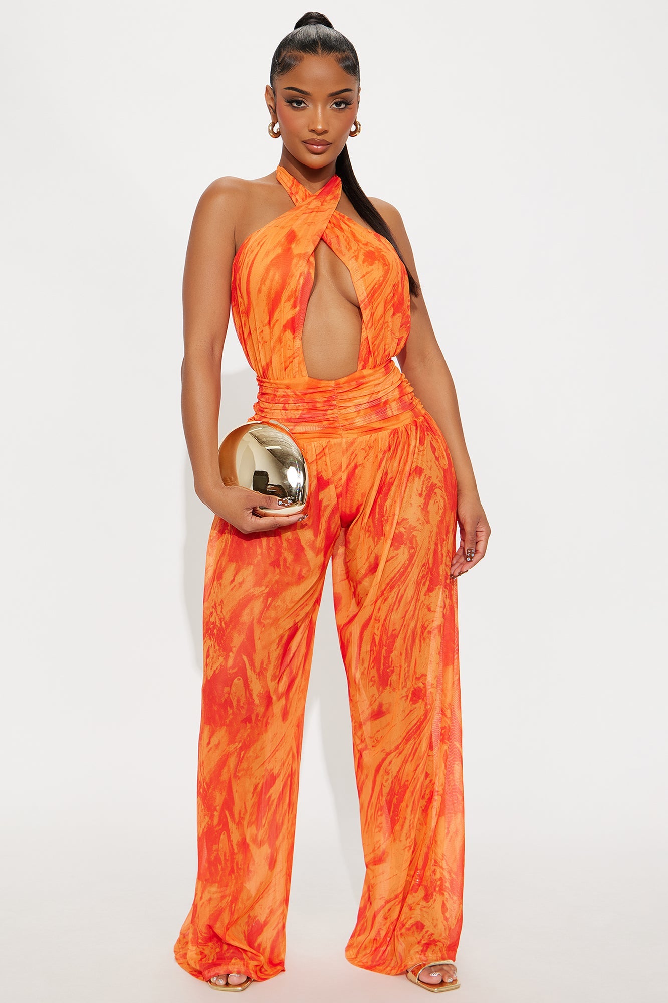 Dianna Mesh Halter Jumpsuit - Orange