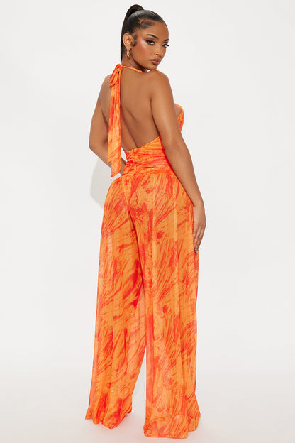 Dianna Mesh Halter Jumpsuit - Orange
