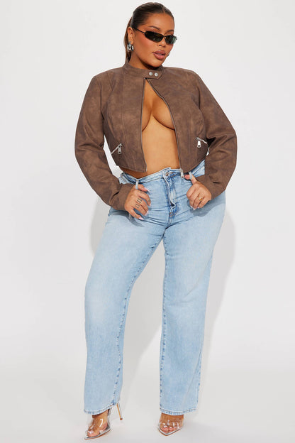 A Desert Babe Washed Faux Leather Moto - Brown