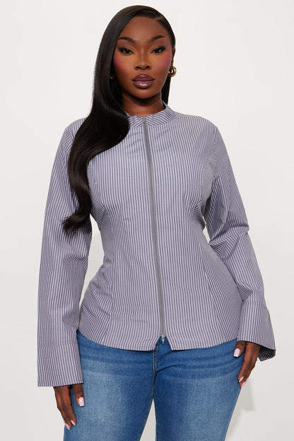 Kara Striped Poplin Zip Up Shirt - Black/White