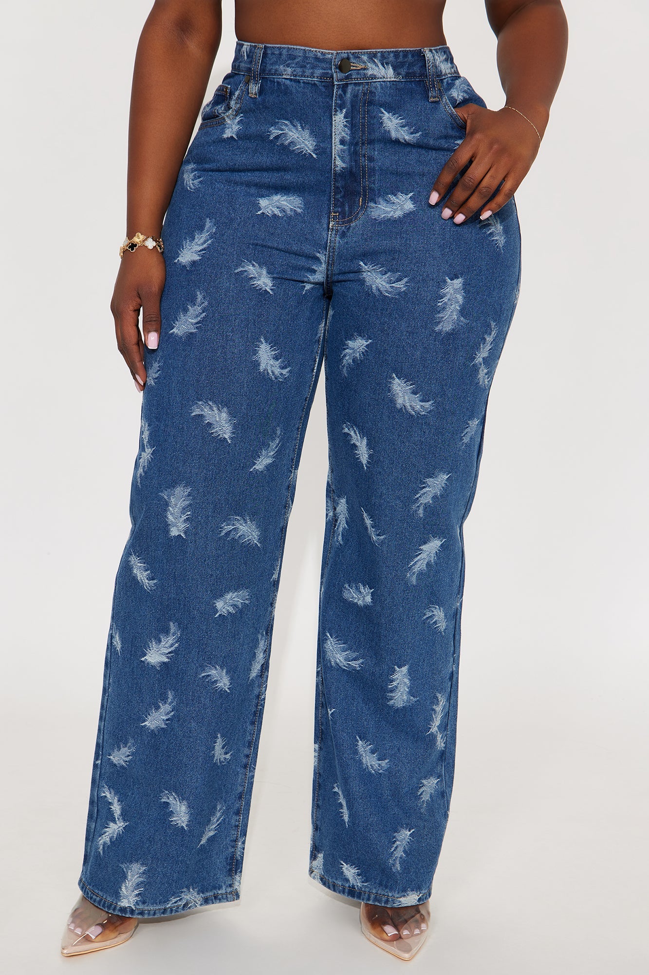 Ruffle Some Feathers Jacquard Straight Leg Jeans - Medium Wash