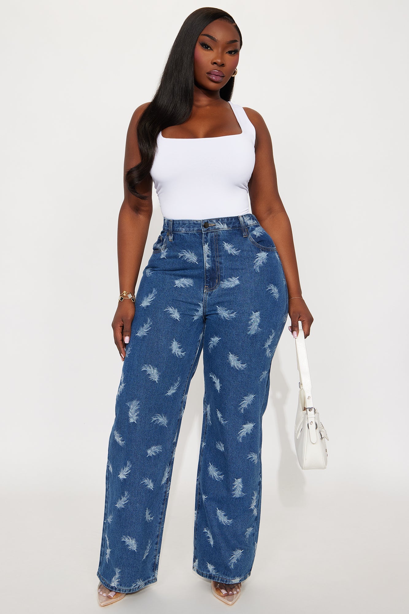 Ruffle Some Feathers Jacquard Straight Leg Jeans - Medium Wash