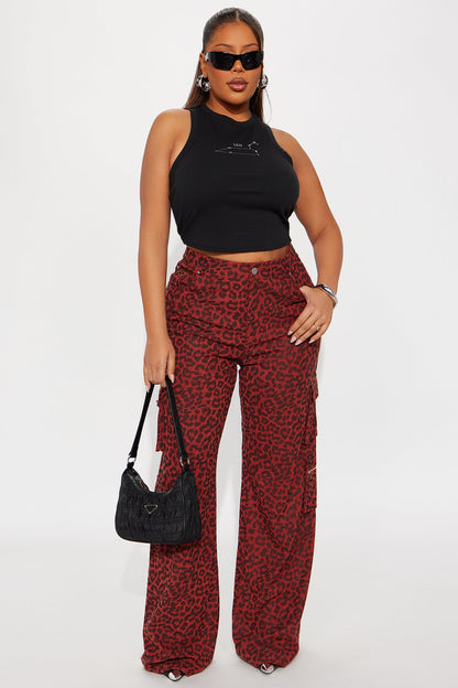 Wild Ride Leopard Corduroy Cargo Pant - Red/combo