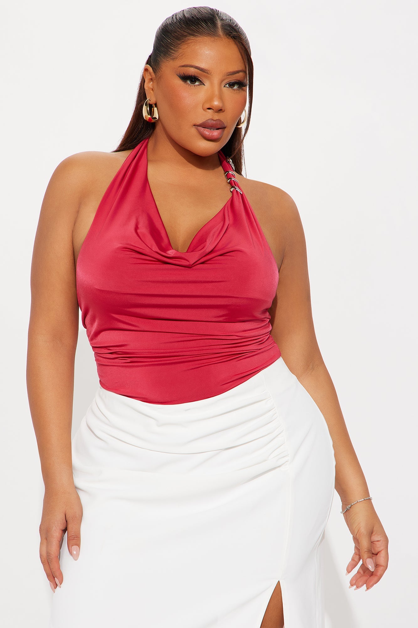 Snake Cowl Neck Halter Bodysuit - Red