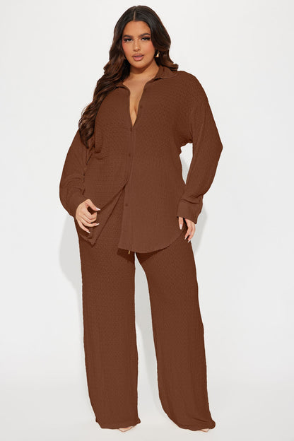 Fly With Me Textured Pant Set - Mocha