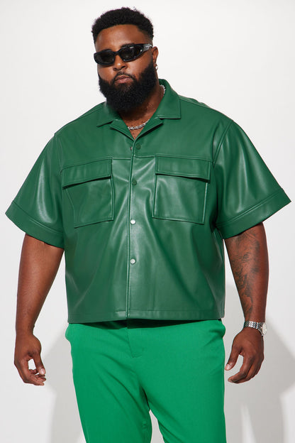 Cropped High Stepper Faux Leather Button Up Shirt - Hunter