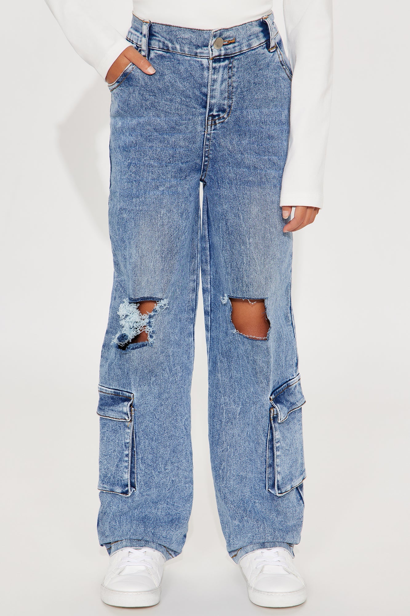 Mini Work Hard Play Hard Cargo Jeans - Medium Wash