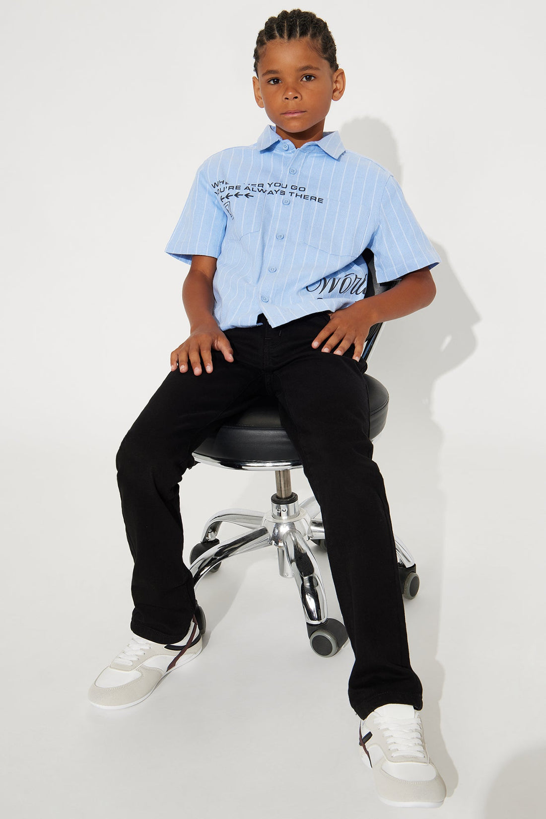 Mini Worldwide Striped Cropped Button Up Shirt - Light Blue