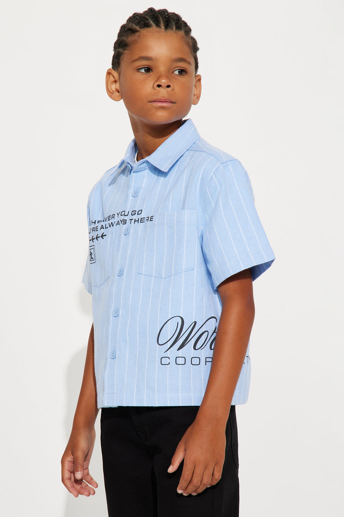 Mini Worldwide Striped Cropped Button Up Shirt - Light Blue
