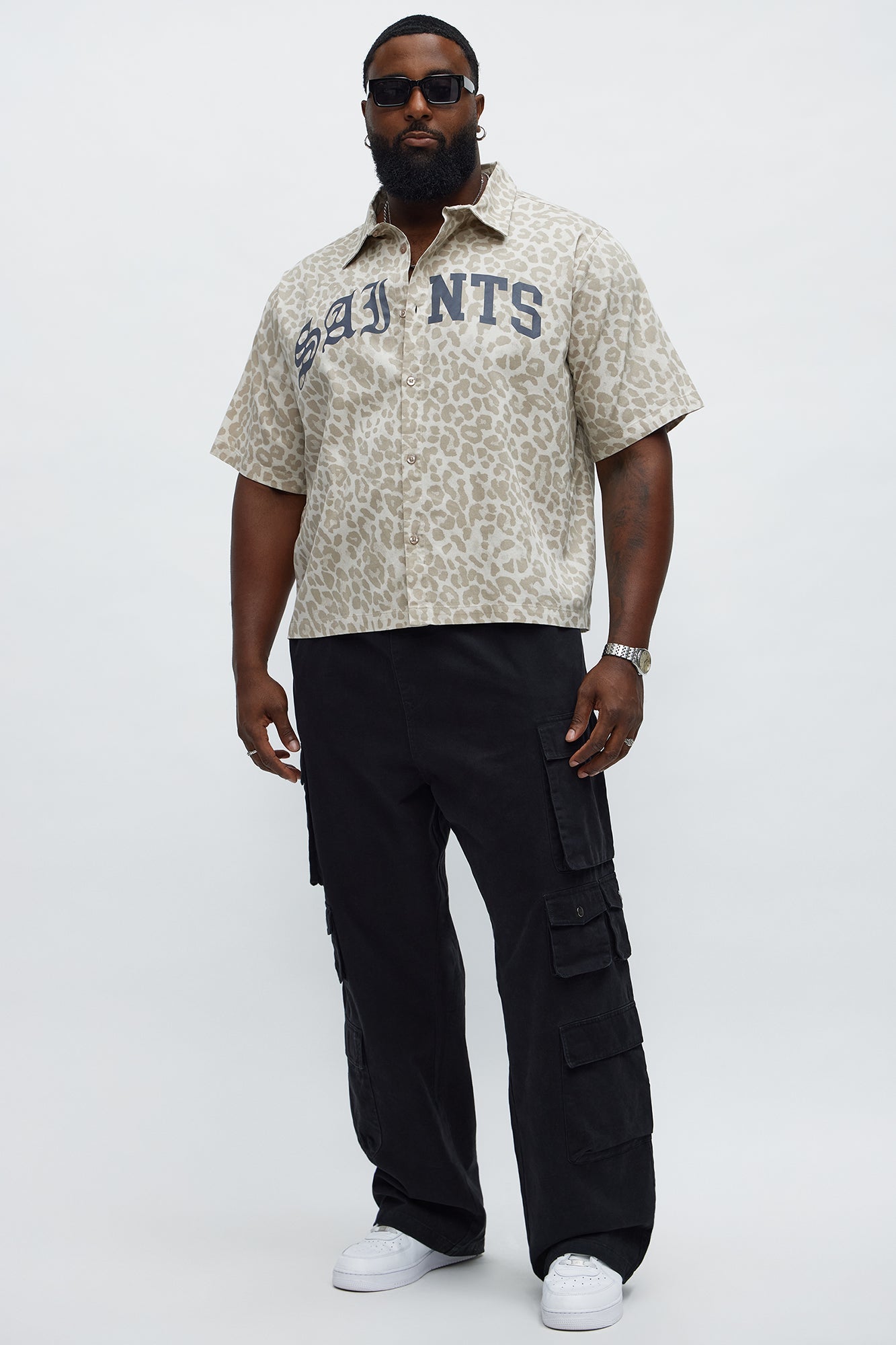 Relaxed Fit Leopard Saints Button Up Shirt - Tan/Multi