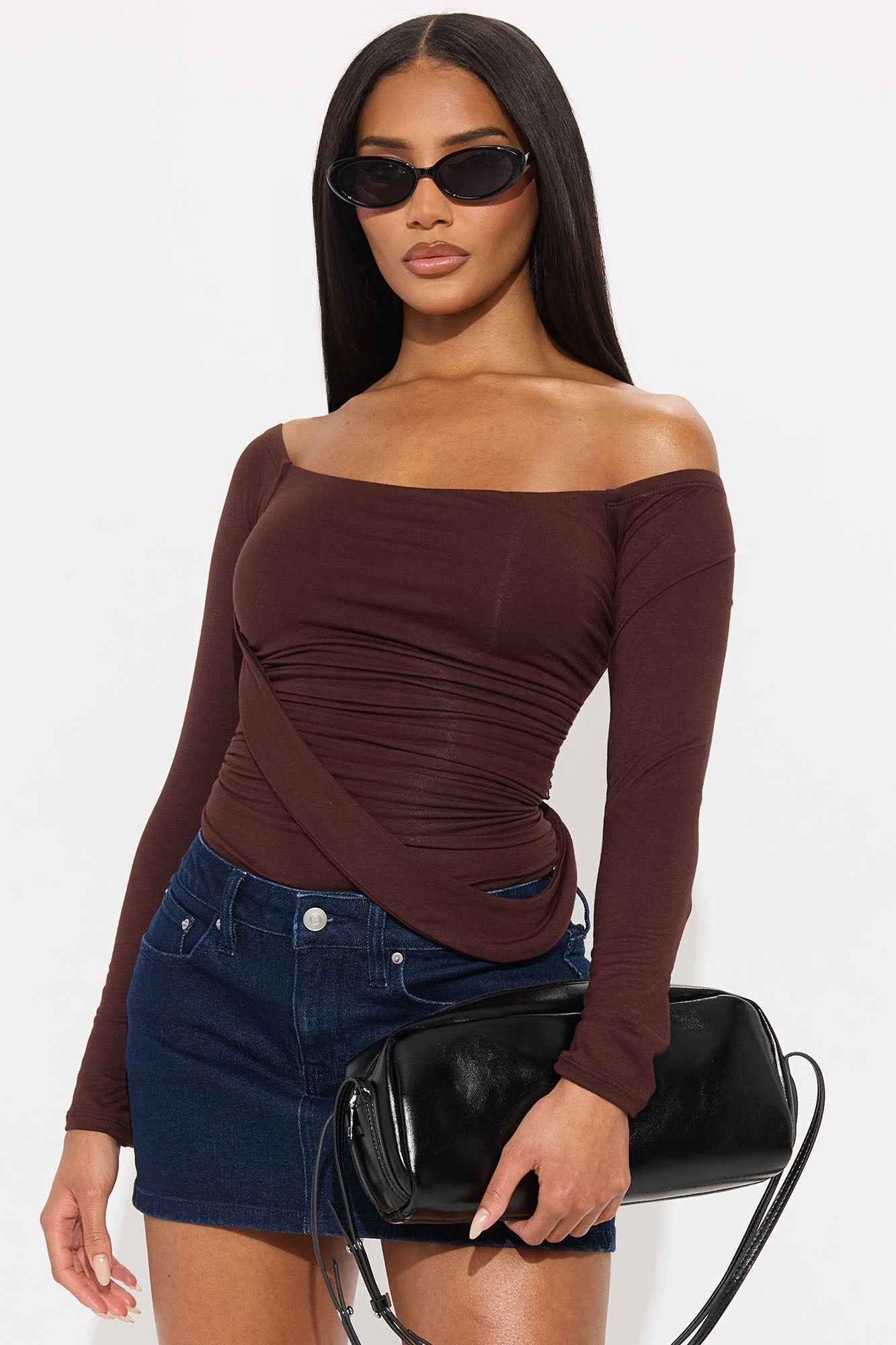 Gilda Off Shoulder Long Sleeve Bodysuit - Brown