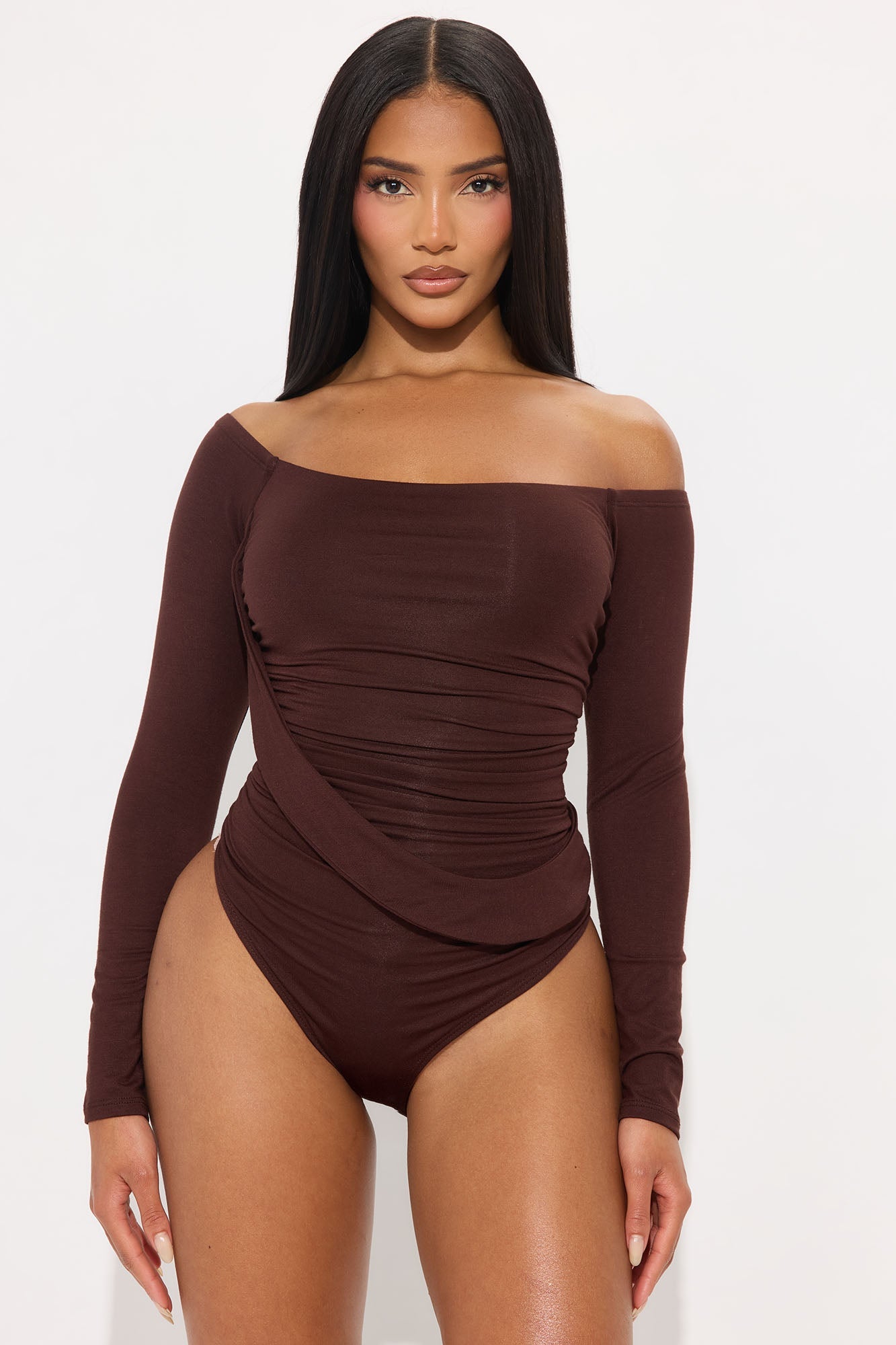 Gilda Off Shoulder Long Sleeve Bodysuit - Brown