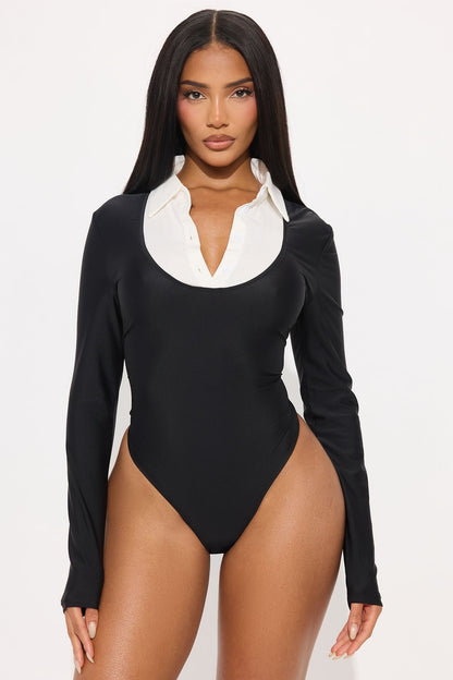 Book Worm Ribbed Collared Bodysuit - Black/combo