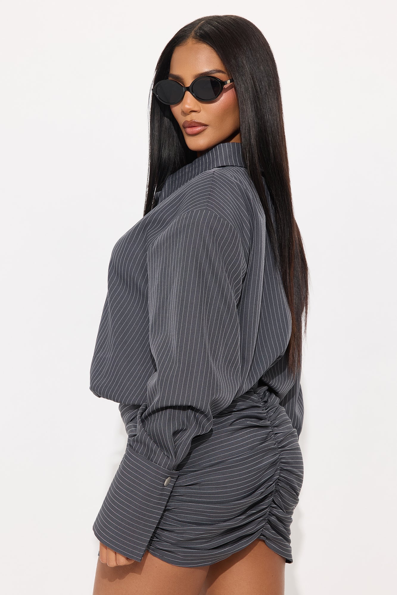 Lara Pinstripe Shirt Mini Dress - Grey