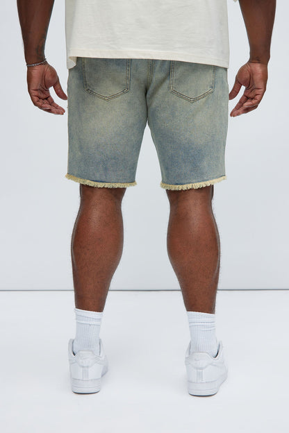 Back To It Distressed Raw Hem Slim Denim Shorts - Vintage Wash
