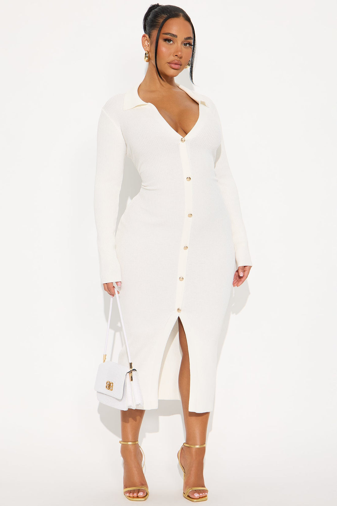 Jada Long Sleeve Ribbed Midi Dress - White