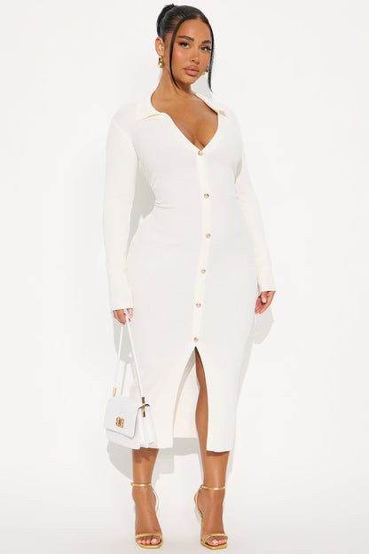 Jada Long Sleeve Ribbed Midi Dress - White