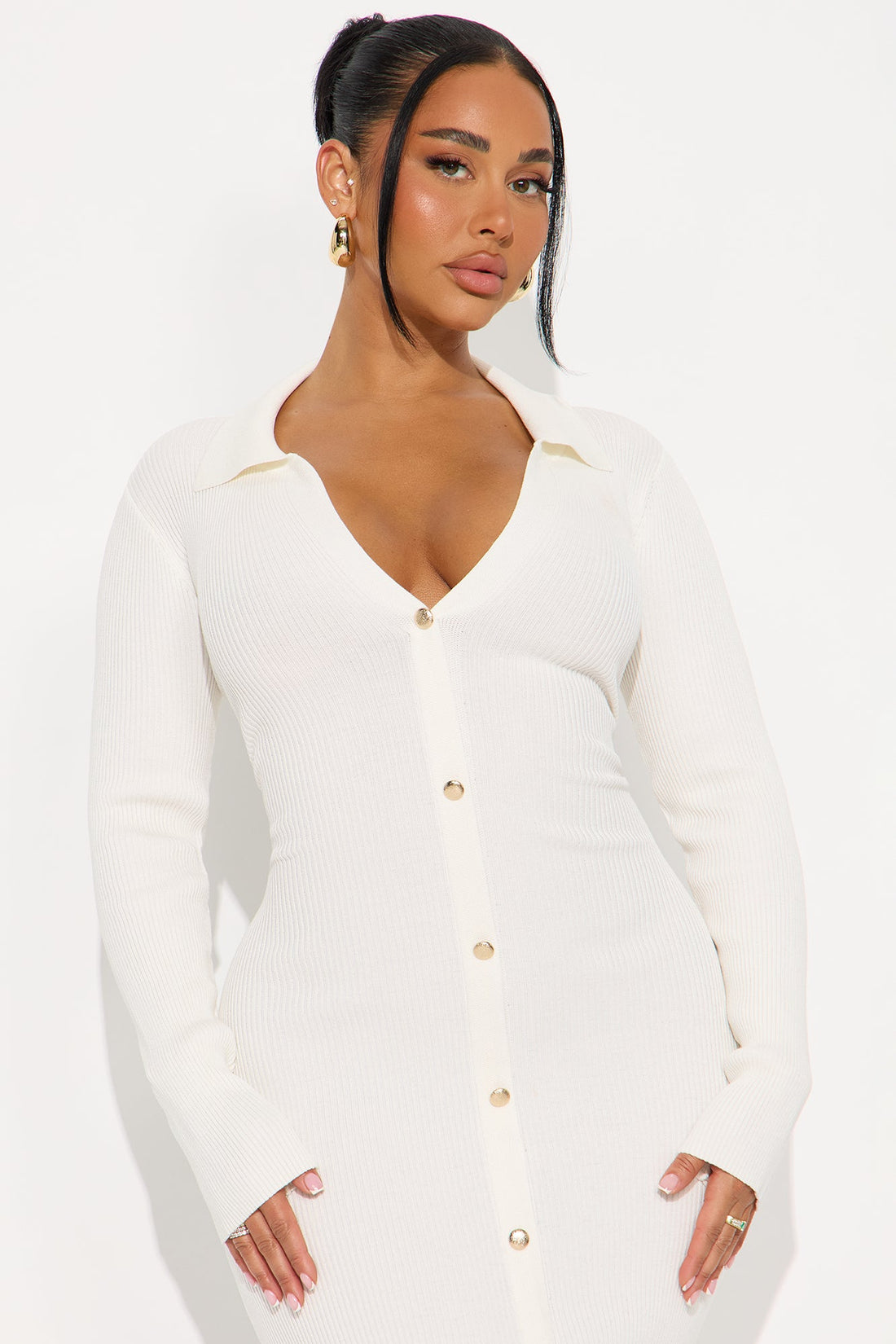 Jada Long Sleeve Ribbed Midi Dress - White