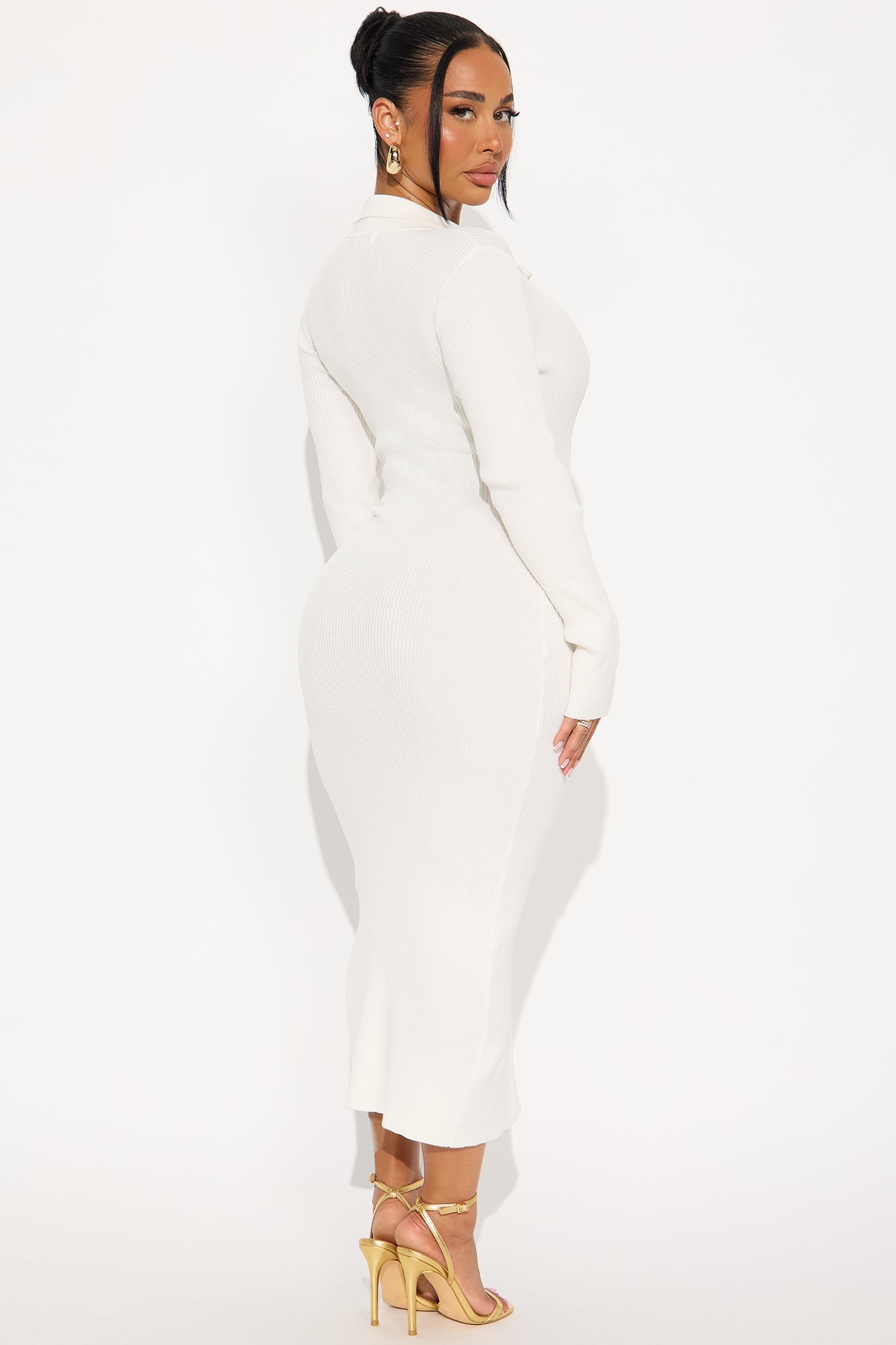 Jada Long Sleeve Ribbed Midi Dress - White