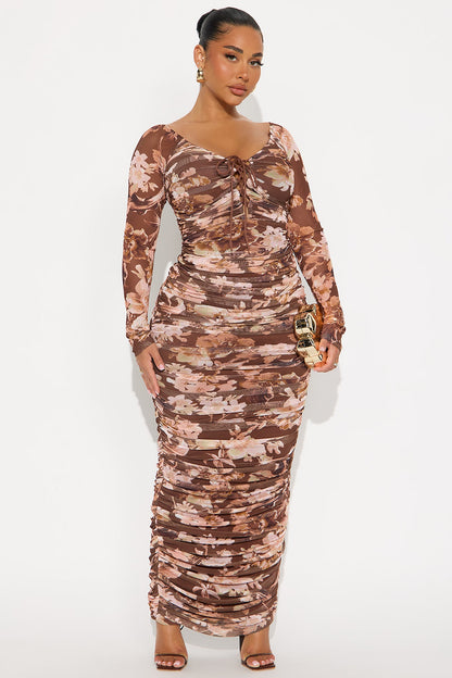 Malorie Ruched Mesh Maxi Dress - Brown/combo