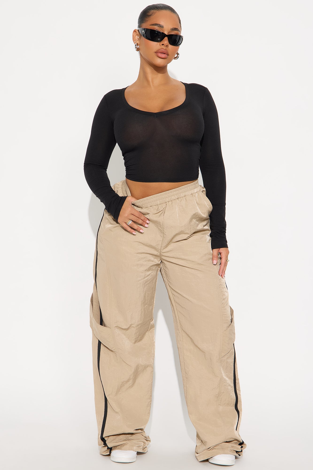 Eliza Windbreaker Wide Leg Track Pant - Beige
