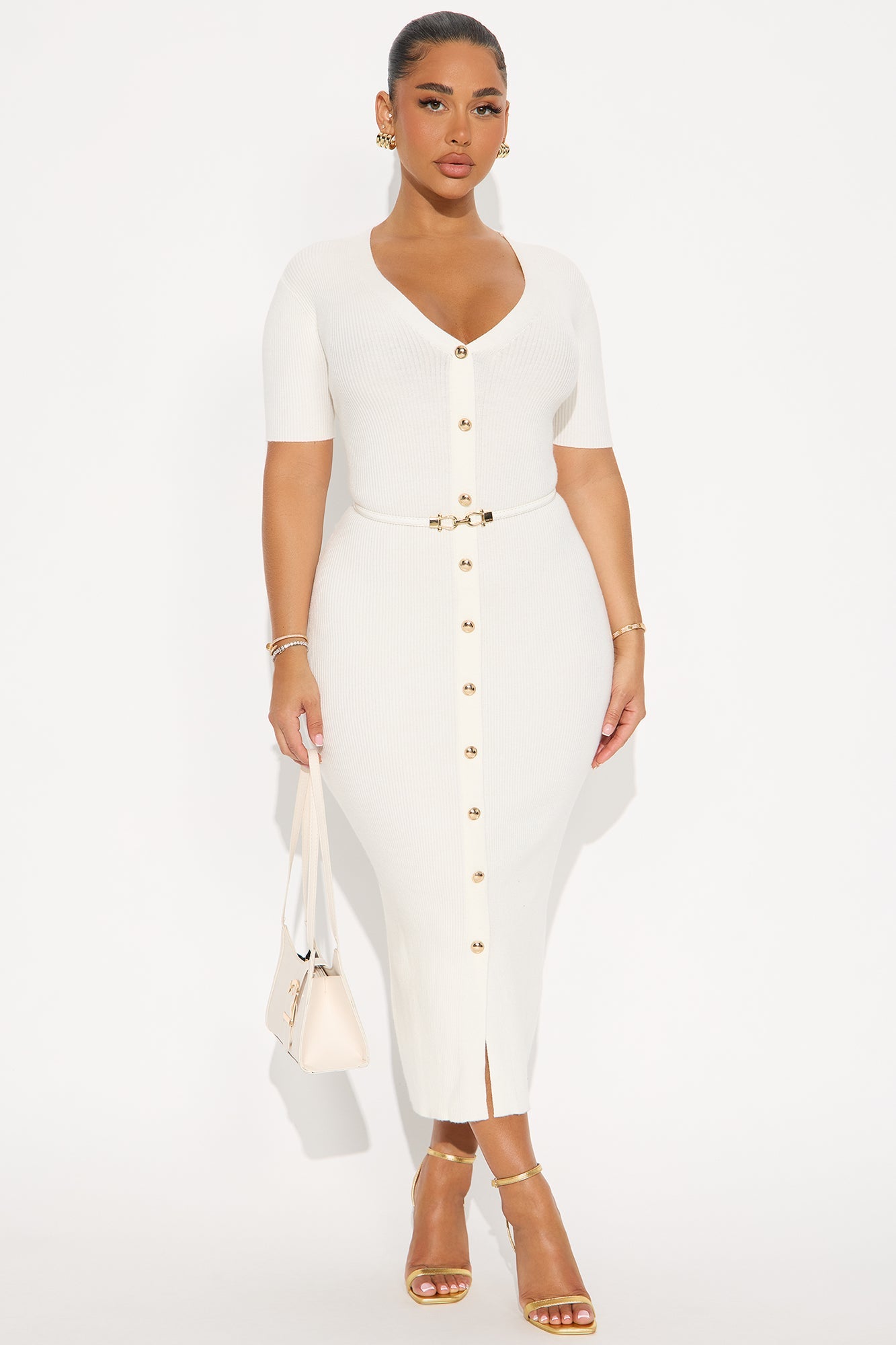 Kaia Belted Ribbed Midi Dress - White