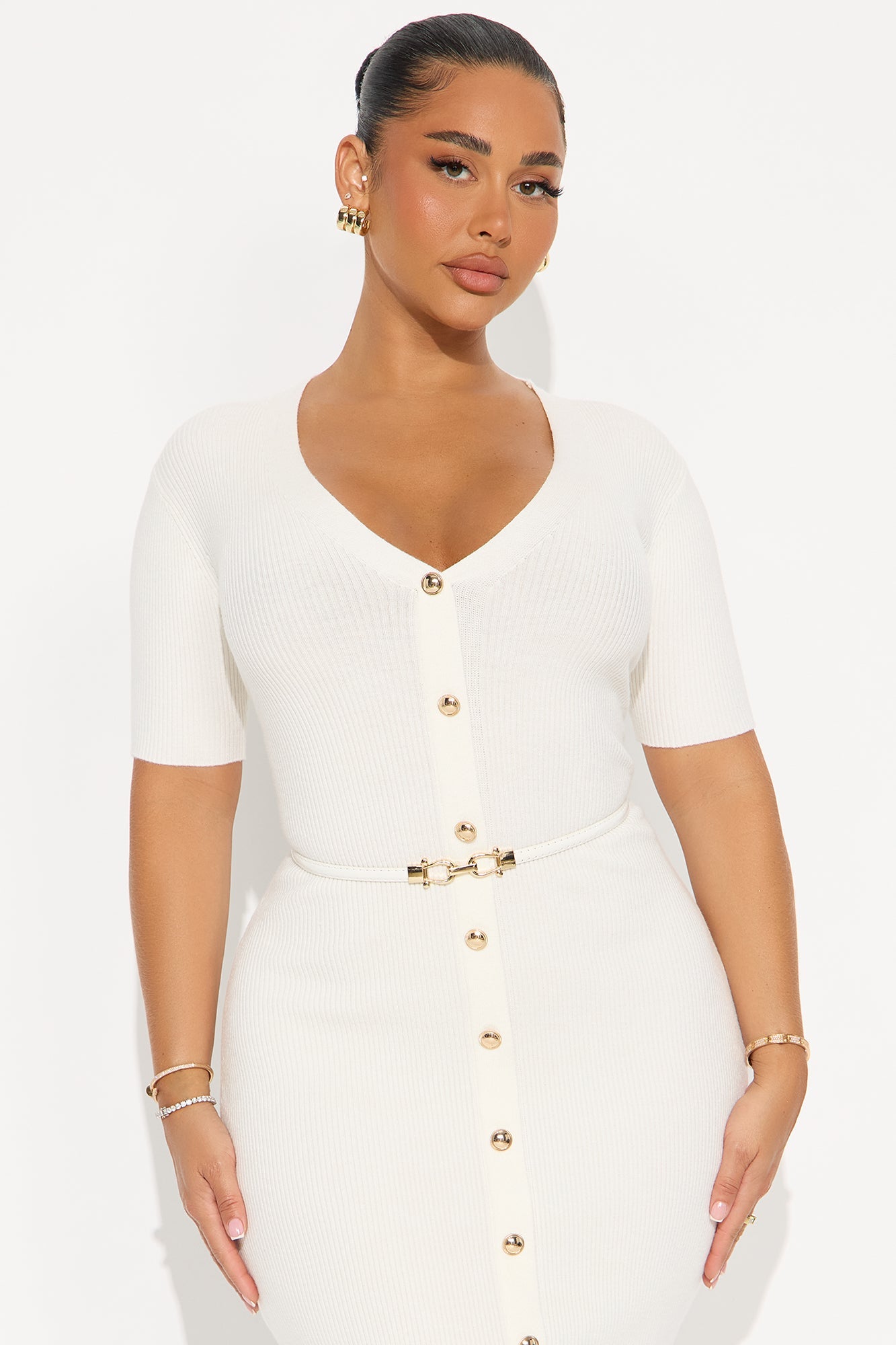 Kaia Belted Ribbed Midi Dress - White