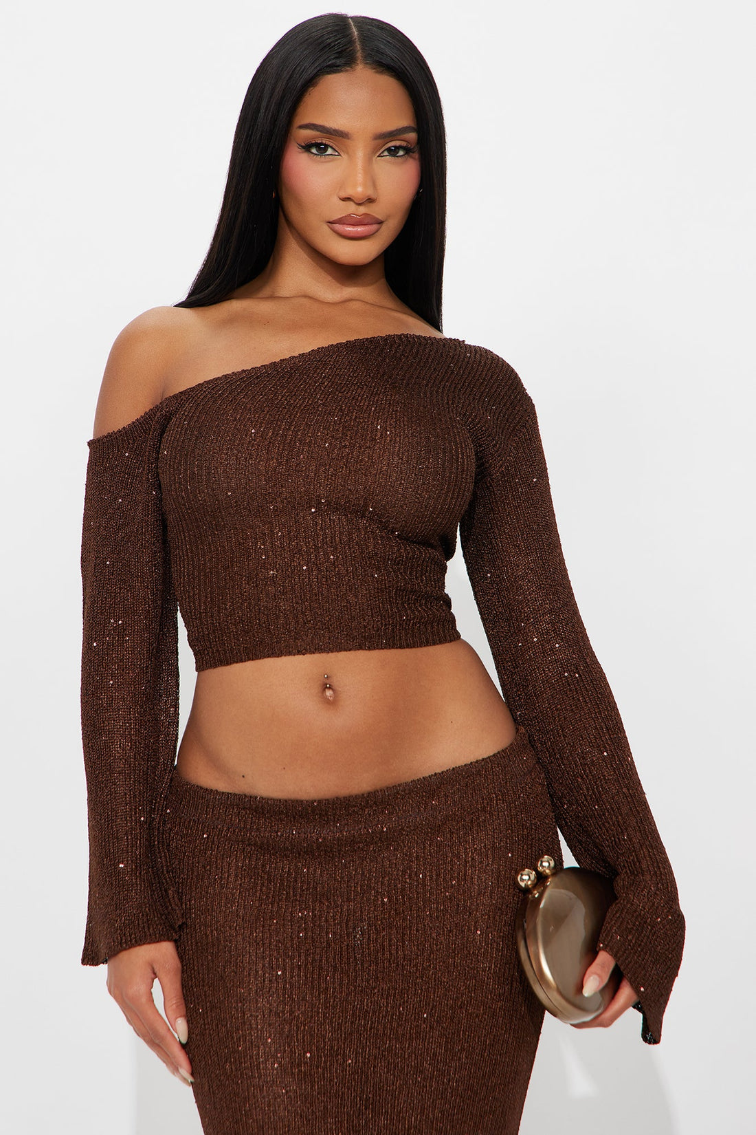 Layered In Love Embellished Sweater Maxi Skirt Set - Chocolate