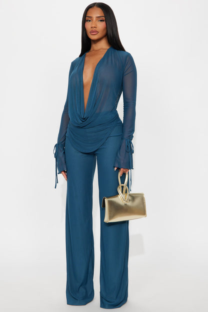Silent Muse Cowl Neck Mesh Pant Set - Teal