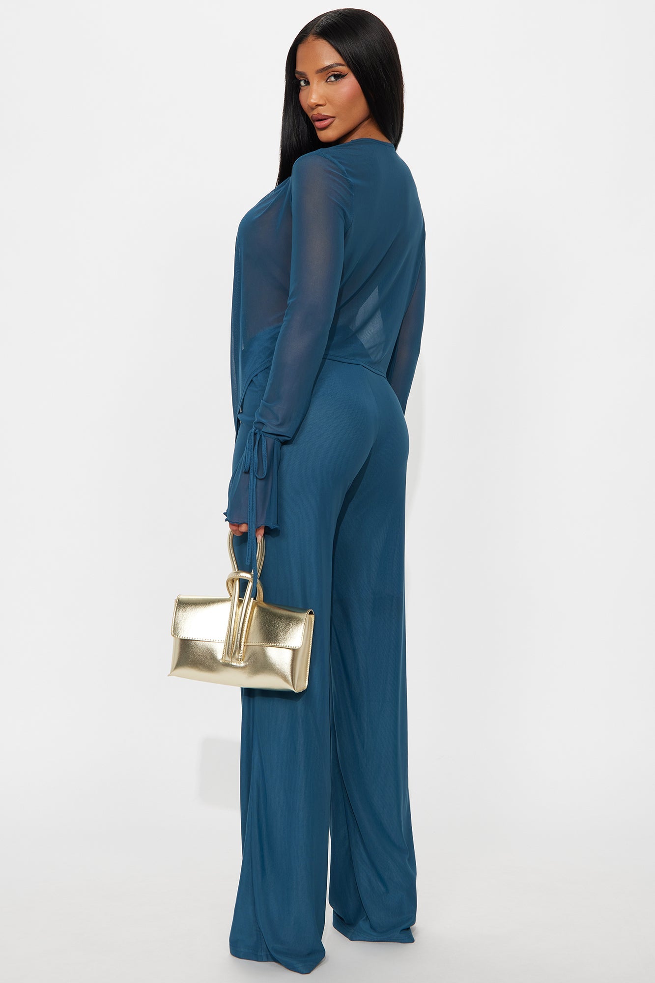 Silent Muse Cowl Neck Mesh Pant Set - Teal