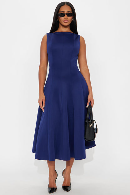 Sweet Sunday Pleated Midi Dress - Navy