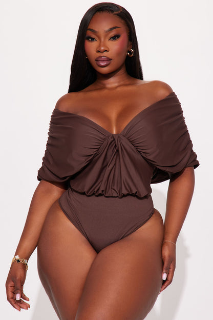 True Rival Ruched Off Shoulder Bodysuit - Brown