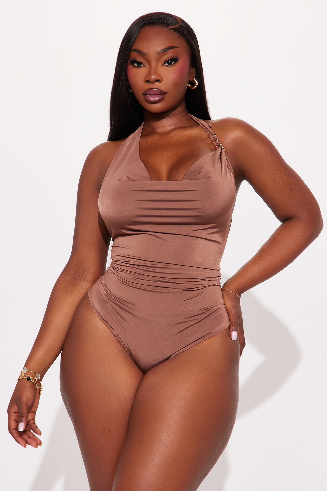 Snake Cowl Neck Halter Bodysuit - Chocolate