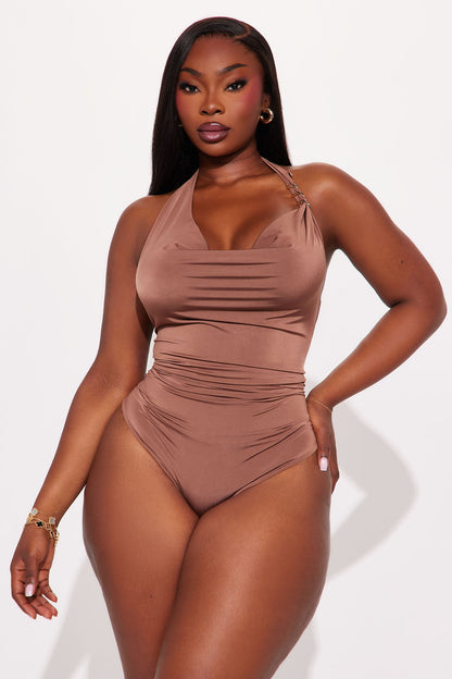 Snake Cowl Neck Halter Bodysuit - Chocolate