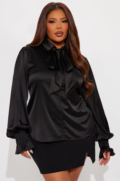 Satin Glow Bow Tie Blouse - Black