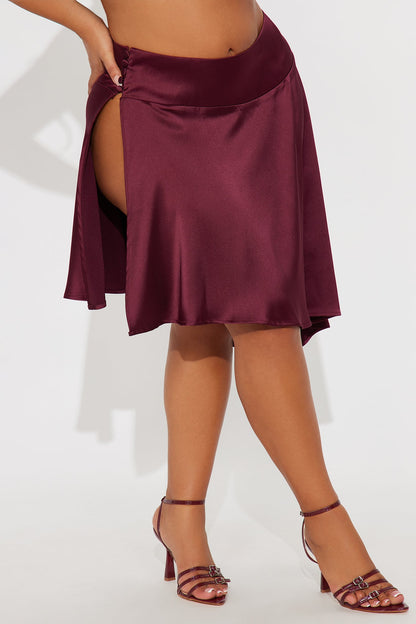Camille Asymmetrical Satin Midi Skirt - Burgundy