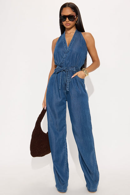 Queen Of The Scene Wide Leg Jumpsuit - Dark Wash