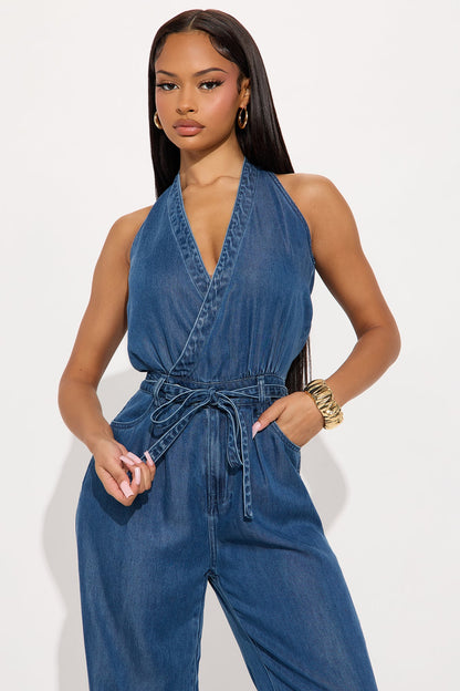 Queen Of The Scene Wide Leg Jumpsuit - Dark Wash