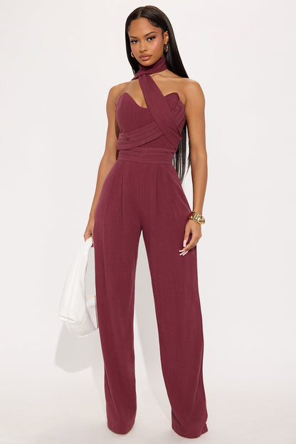 Fatima Linen Corset Jumpsuit - Wine