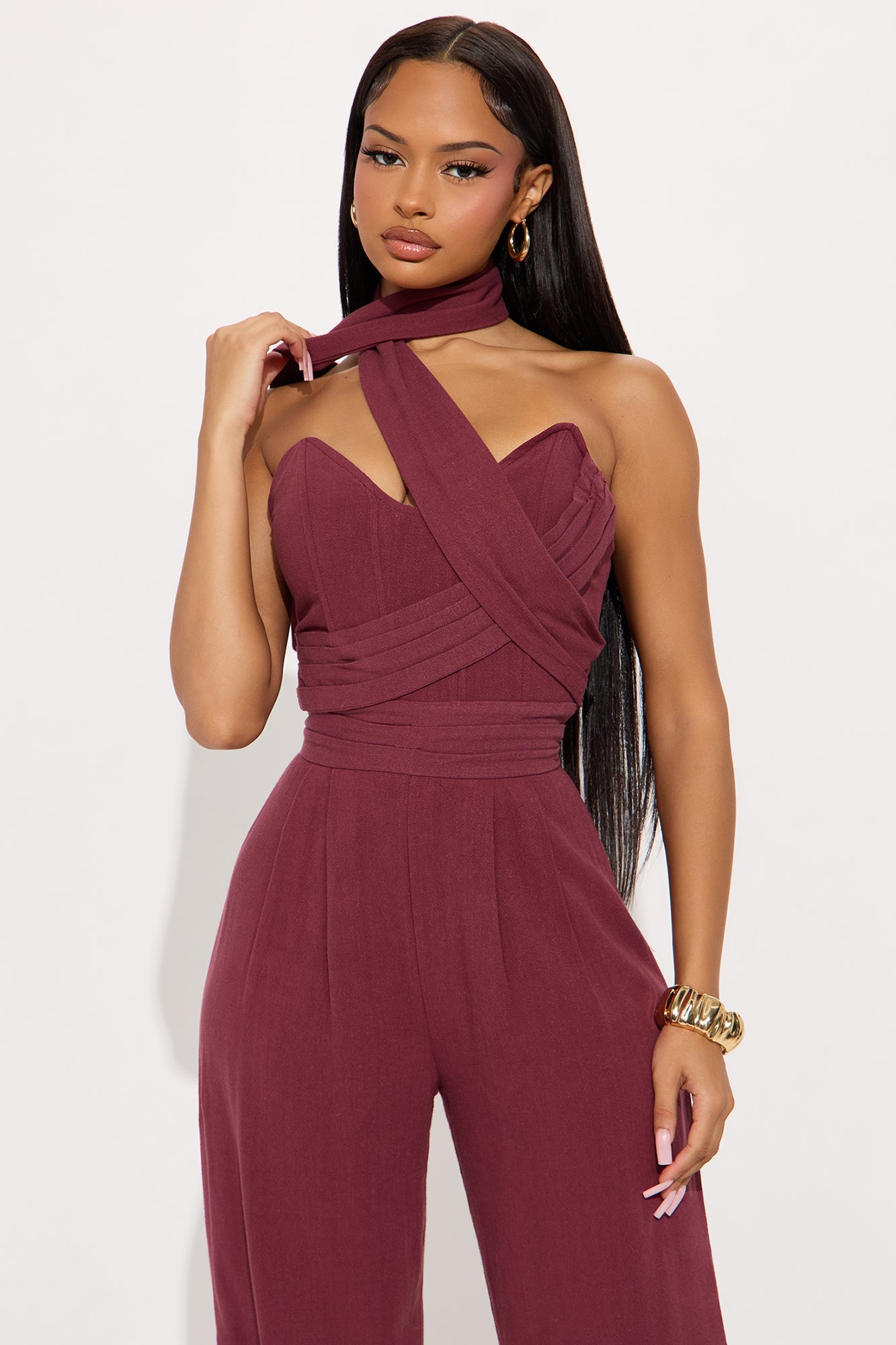 Fatima Linen Corset Jumpsuit - Wine