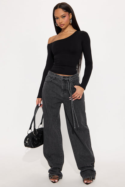 Tied Down Loose Straight Leg Jeans - Grey