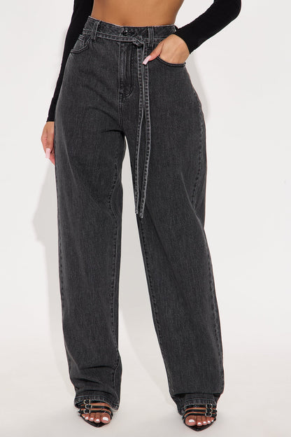 Tied Down Loose Straight Leg Jeans - Grey