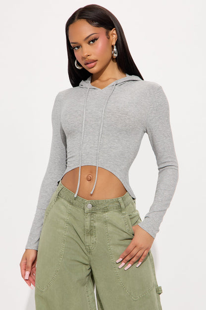 Livia Long Sleeve Ribbed Hooded Top - Heathered Grey